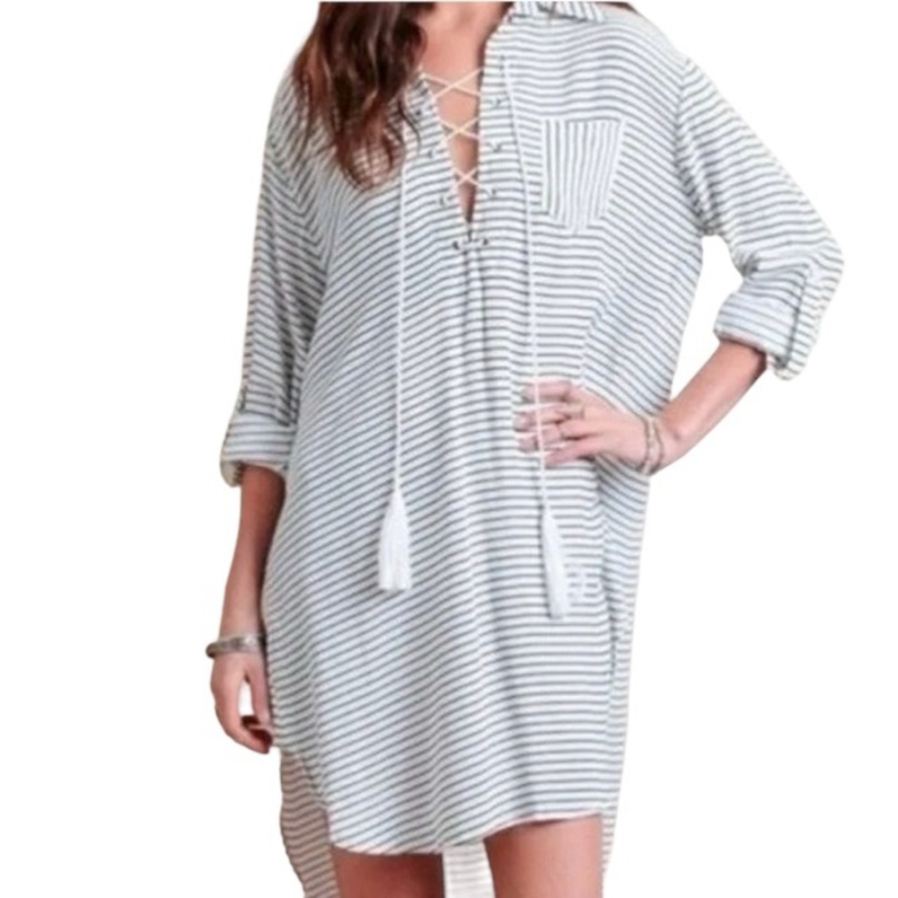 Faithfull the Brand Striped Swim Coverup Lace-Up Shirt Dress Tunic XS Hi-Lo Hem